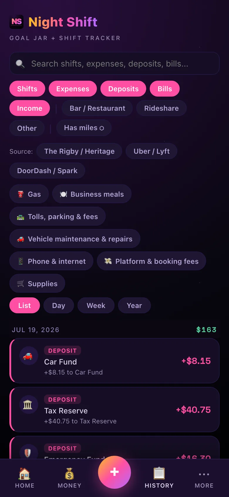 Night Shift history screen: a searchable ledger of shifts, expenses, and deposits, filtered by sources like The Rigby / Heritage, Uber / Lyft, and DoorDash / Spark
